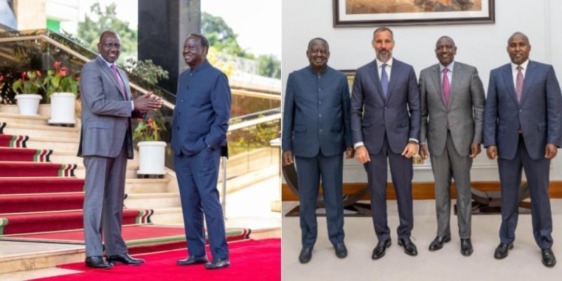 ODM leader Raila Odinga with President William Ruto, Prince Rahim Aga Khan V, and Junet Mohamed at State House.